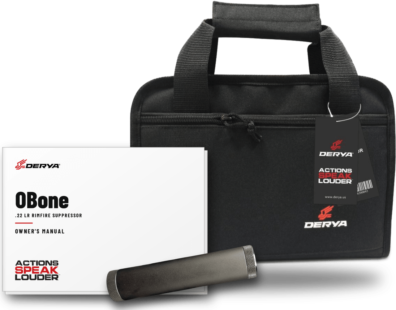 Derya OBone suppressor with padded Derya handgun case and owner's manual